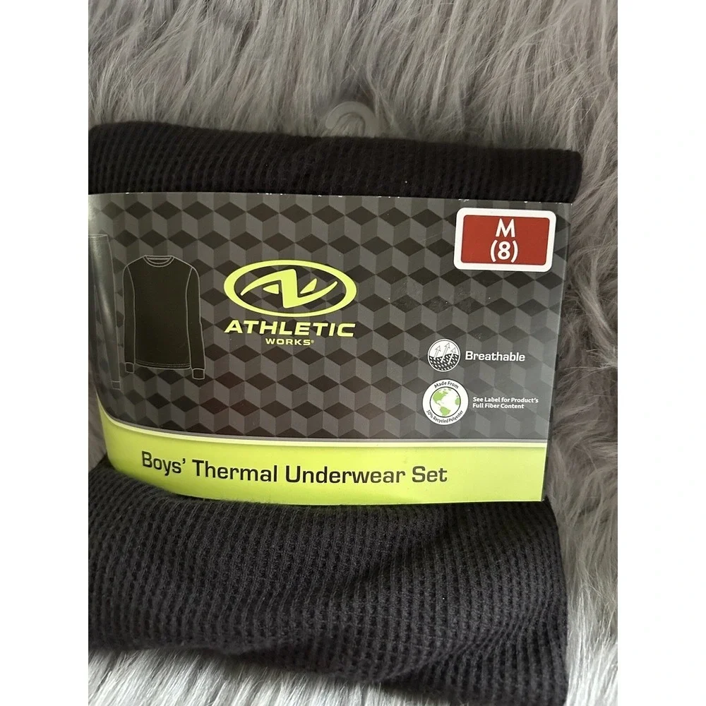 Athletic Works Thermal Underwear Set Boys Size‎ Medium Black Waffle Pajama Set